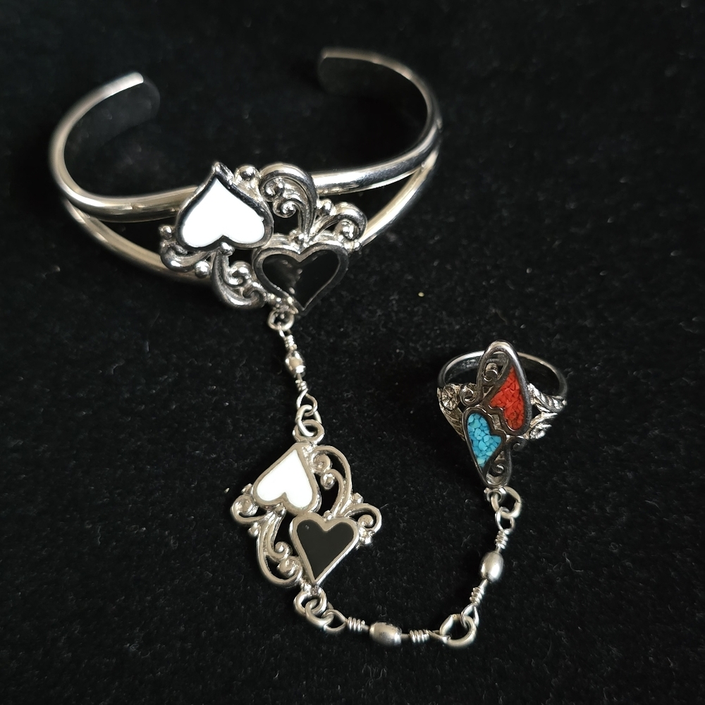 Vintage Ring with Attached Bracelet Inlaid Heart